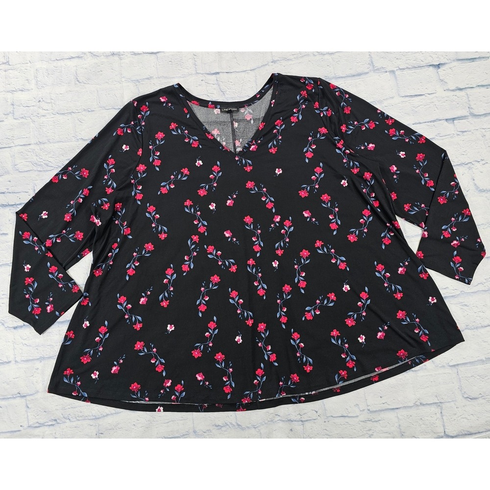 Lane Bryant Tunic Top WOMENS 26/28 Black Floral V-Neck 3/4 Sleeve Stretch
